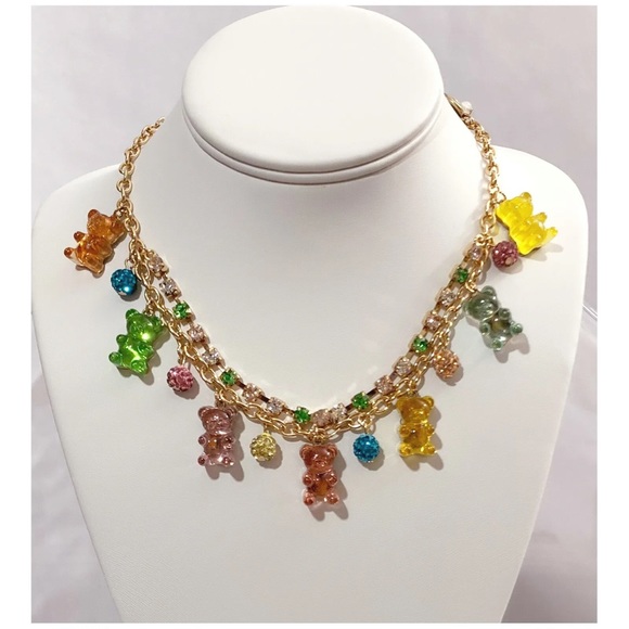 NWT Betsey Johnson GUMMY BEAR Gold Tone Crystal Fire Ball & Bear Charms Necklace - Picture 3 of 5